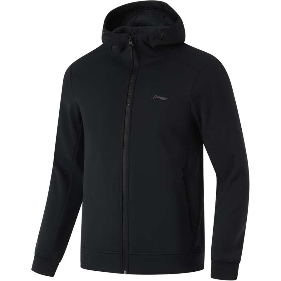 Li-Ning Li Ning Fitness, Knitted Fabric Solid Color Hooded Fleece Lined Warm Zipper Sweatshirt Men's Black