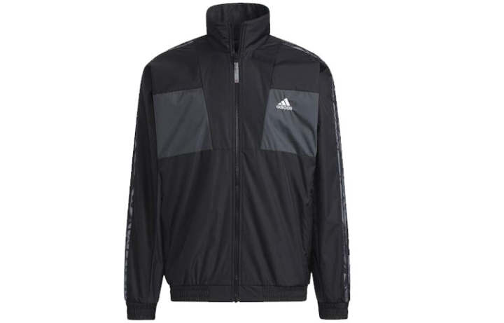 Adidas Adidas Logo Print Reversible Fleece Lined Multicolor Stand Collar Jacket Men's Black