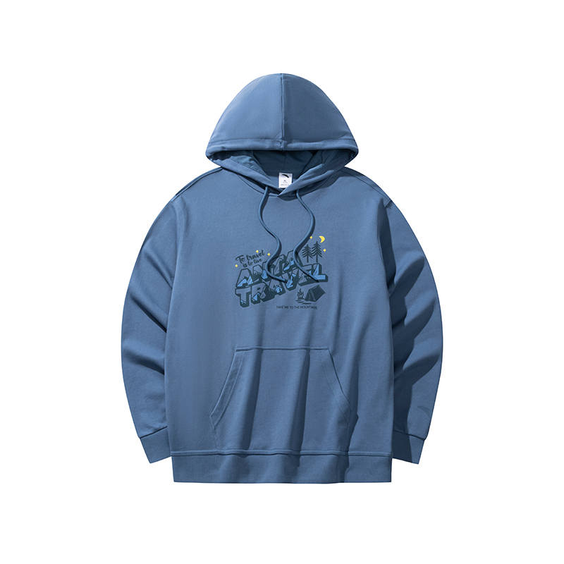 ANTA SUPERSTORE CHAOJIANTA Letter Print Loose Fit Pullover Thermal Hooded Fleece Lined Sweatshirt Men's Dusty Blue