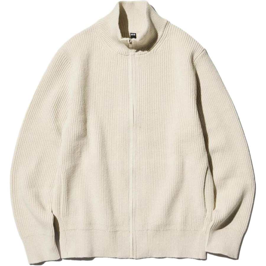 UNIQLO Knitwear Men's Beige Stand Collar Moderate Cardigan