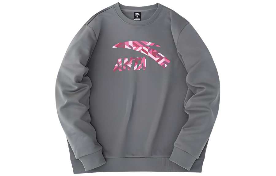 Anta Life Collection Large Logo Print Fleece Lined Pullover Long Sleeved Sweatshirt Men's Gray