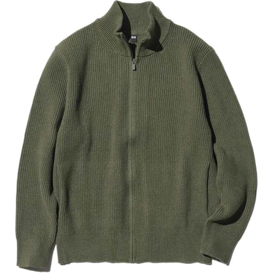 UNIQLO Knitwear Men's Olive Stand Collar Moderate Cardigan