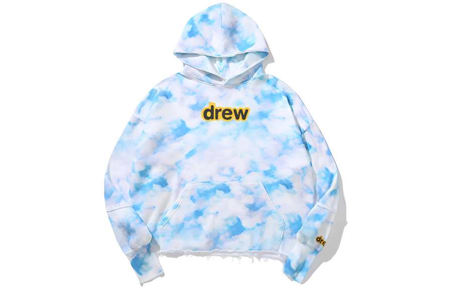 Drew House FW22 Secret Deconstructed Hoodie Letter Logo Print Tie Dye Fleece Lined Pullover Sweatshirt Unisex Blue