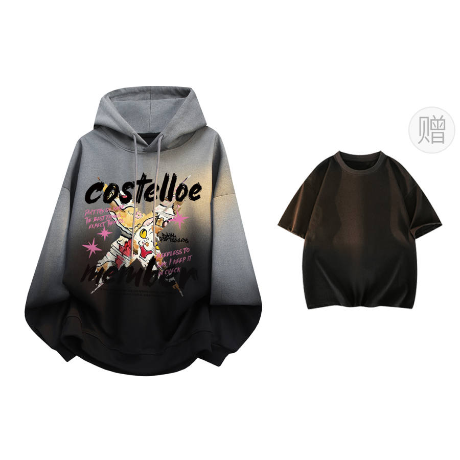 PAUL COSTELLOE American Letter Genderless Thickened And Fleece Lined Hooded Pullover Long Sleeved Sweatshirt Unisex