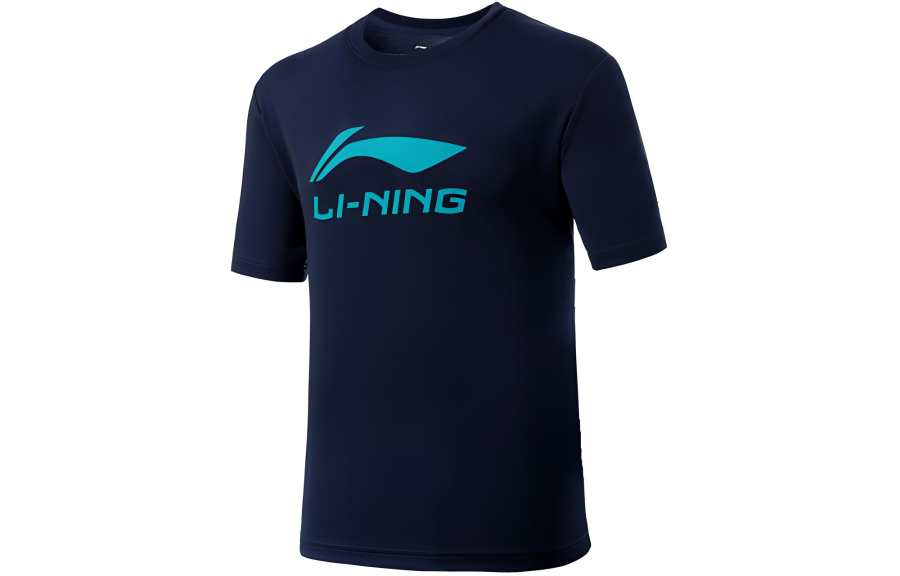 Li-Ning Li Ning T Shirts Unisex Ink Blue Crew Neck Moderate Straight Fit