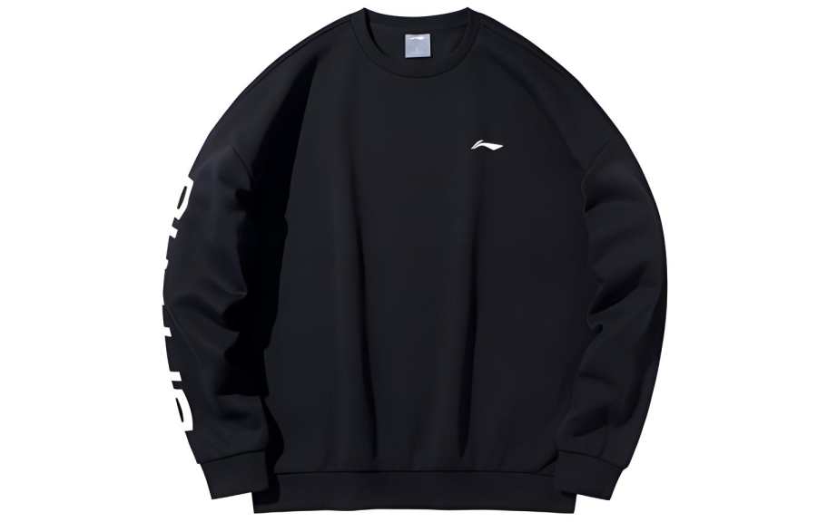 Li-Ning Li Ning Table Tennis Collection, Letter Print Fleece Lined Casual Long Sleeved Pullover Sweatshirt Men's Black White