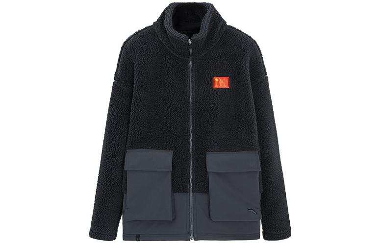 Anta Letter National Flag Label Zippers Stand Collar Fleece Lined Jacket Men's Basic Black
