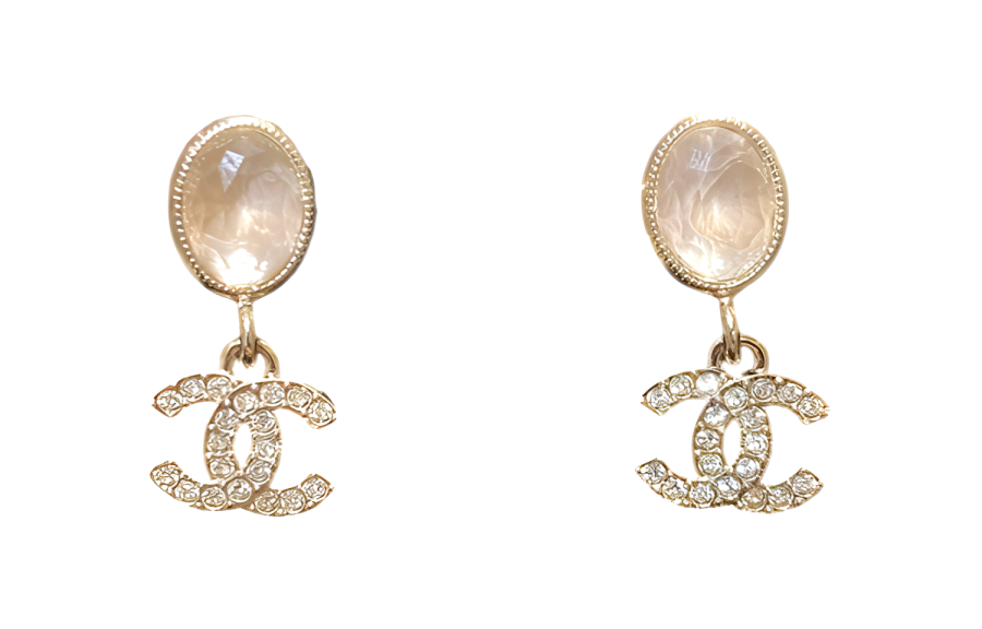 CHANEL Double C Gemstone Rhinestone Earrings Women's Gold