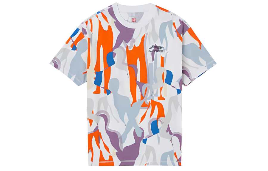 Li-Ning Li Ning Sports Basketball Collection T Shirts Men's White With Purple All Over Print Crew Neck Moderate Straight Fit