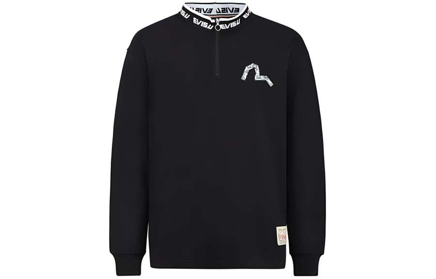 EVISU T Shirts Men's Black Stand Collar Moderate Straight Fit