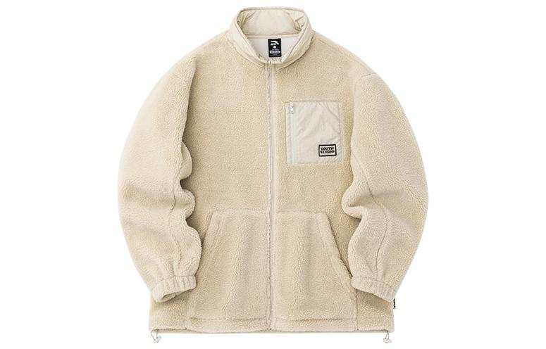 Anta FW22 Life Collection Back Print Letter Zippers Stand Collar Fleece Lined Jacket Unisex Ecru