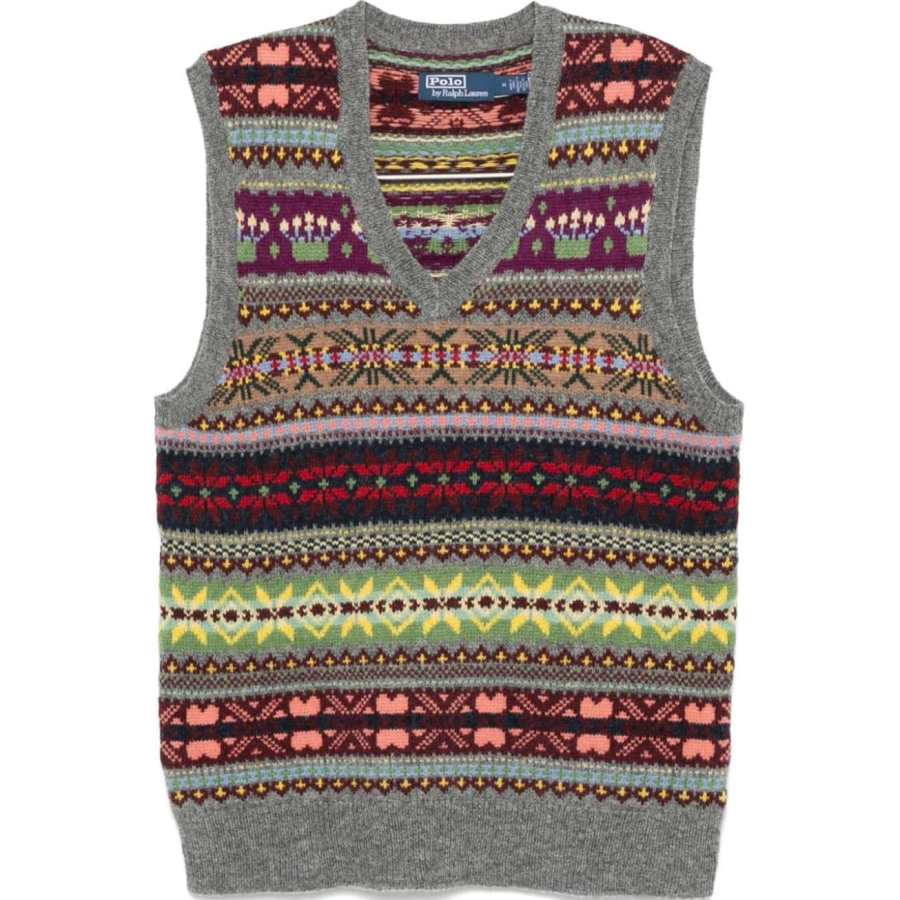 Polo Ralph Lauren FW24 Knit Rib-Trim V-Neck Sleeveless Vest Men's Gray Multicolor