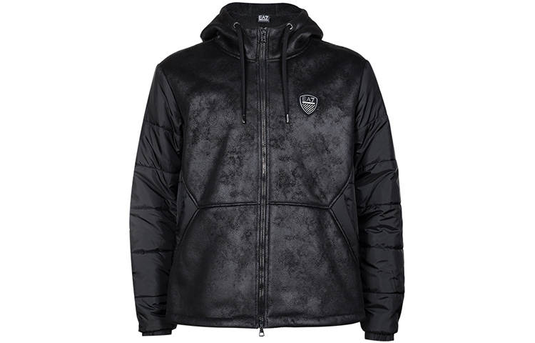 EMPORIO ARMANI EA7 FW22 Logo Badge Solid Color Hooded Fleece Lined Jackets & Coats Men's Black