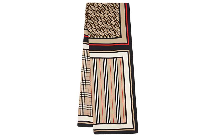 Burberry Monogram Icon Stripe and Check Print Silk Scarf