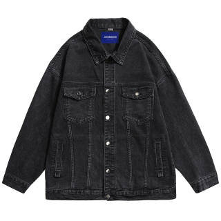 JASONWOOD Fall Winter Solid Color Fleece Lined Jacket Distressed Washed Casual Denim Jacket Unisex
