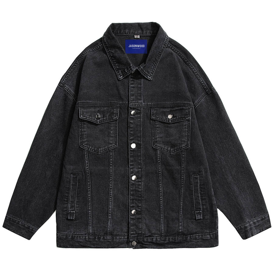 JASONWOOD Fall Winter Solid Color Fleece Lined Jacket Distressed Washed Casual Denim Jacket Unisex