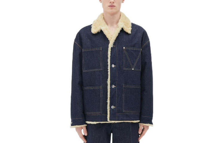 Bottega Veneta FW22 Comparison Seaming Single Breasted Fleece Lined Denim Jacket Men's Blue