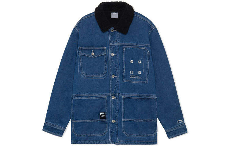 Li-Ning Li Ning Skateboard Casual Thermal Fleece Lined Washed Denim Jacket Men's Blue