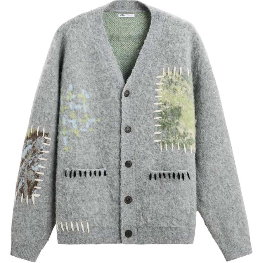 ZARA Knitwear Men's Gray V Neck Moderate Cardigan