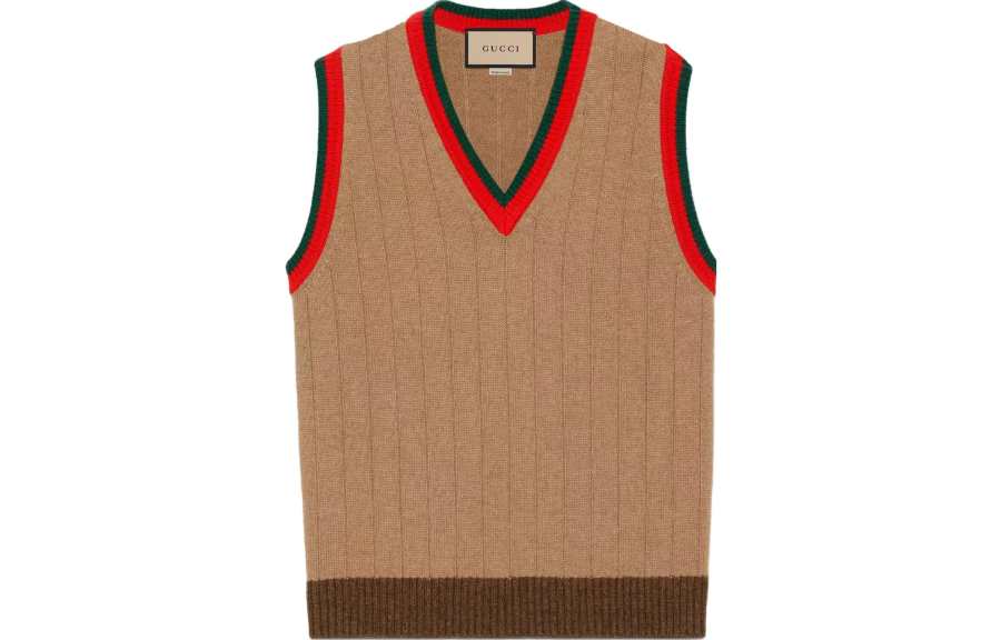 GUCCI Vests Men's Camel V Neck Moderate Knitted Fabric