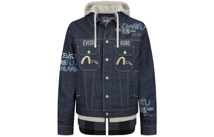 EVISU Denim Jackets Men's Blue Hooded Moderate Straight Fit