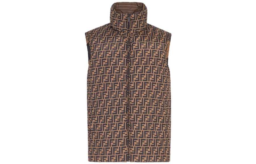 FENDI Vests Men's Brown Stand Collar Thickened Other