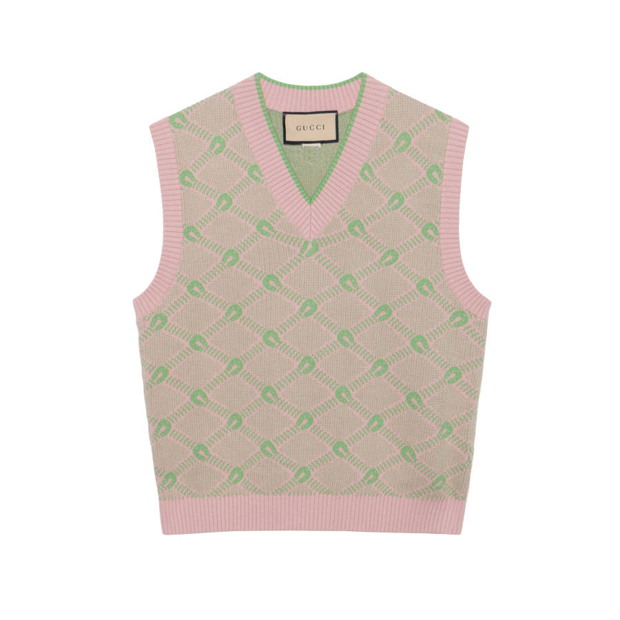 GUCCI Men Wool Cotton Jacquard Knit Vest Pink