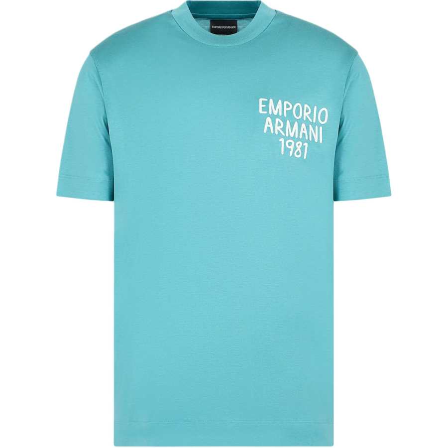 EMPORIO ARMANI Letter Logo Embroidered Crew Neck Short Sleeved T Shirt SS24 T Shirt Men's Lake Blue