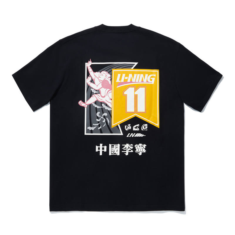 Li-Ning Li Ning T Shirts Unisex Black Crew Neck Moderate Straight Fit