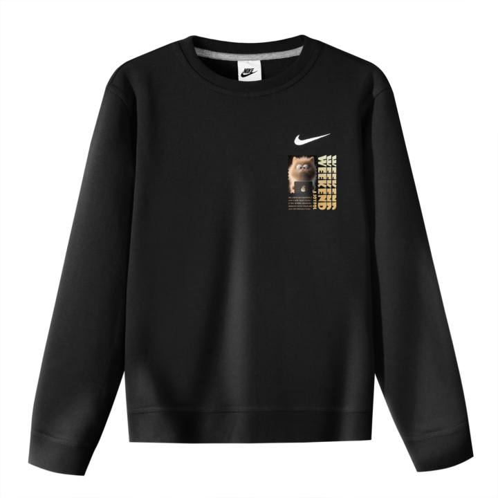 Nike Nike Fleece Lined Caramel Cat Print Crew Neck Long Sleeved Pullover Sweatshirt Unisex Black
