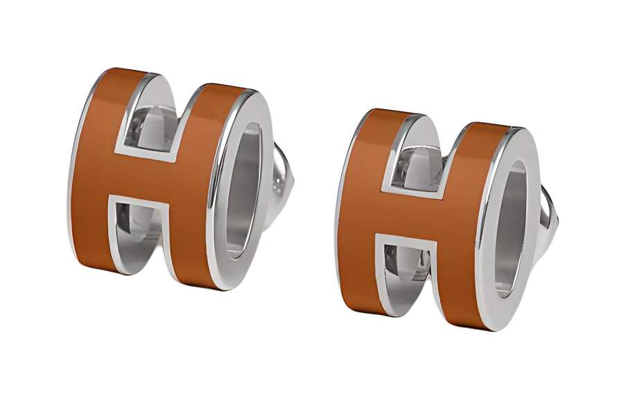 HERMES POP H Palladium plated Metal Earrings Women's Gold Brown