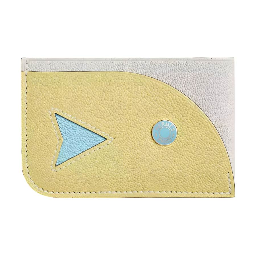 HERMES Poisson Multicolor Mysore Goat Skin Card Holder Women's Mushroom & Lemon Wine