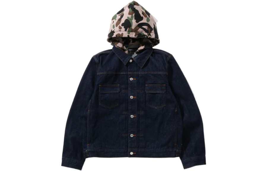 A BATHING APE Bape Denim Jackets Unisex Dark Blue Hooded Moderate Straight Fit