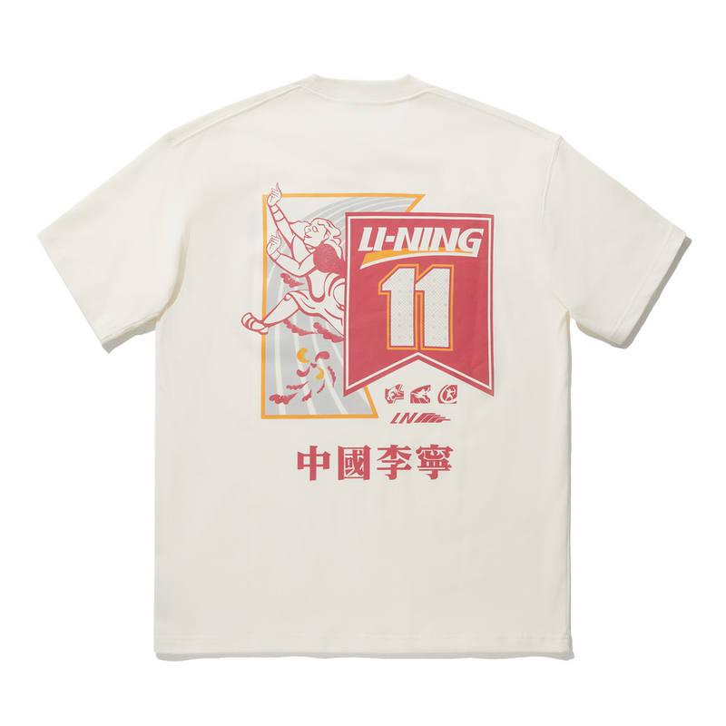 Li-Ning Li Ning T Shirts Unisex Ecru Crew Neck Moderate Straight Fit