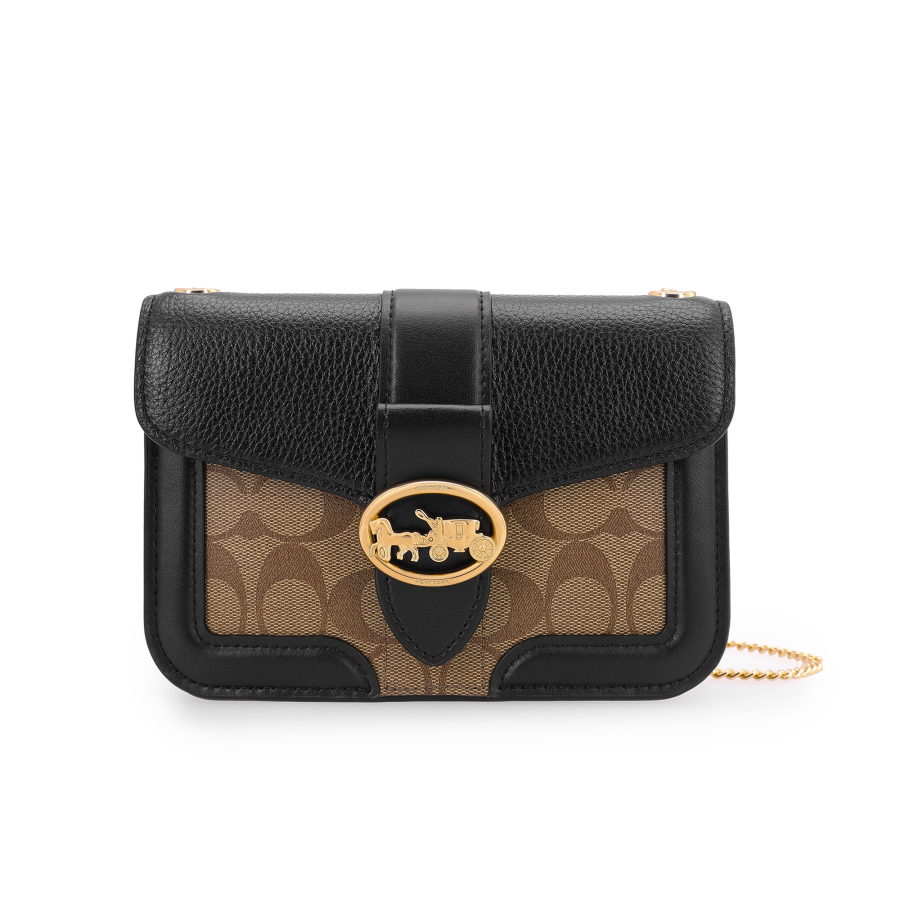 COACH Georgie Coated Canvas With Leather Shoulder Bag, Crossbody Bag Small Women's Black & Khaki Brown