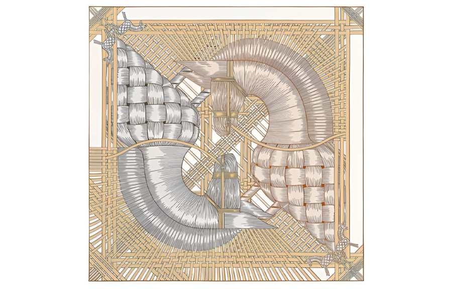 HERMES Masan & Masan Silk Scarf Women's Gold/Silver