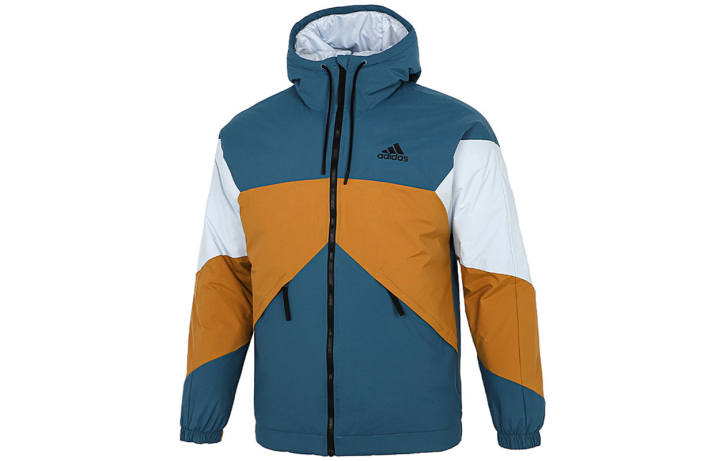 Adidas Adidas Puffer Jackets Men's Uniform Blue Hooded Moderate Patchwork Puffer Jacket