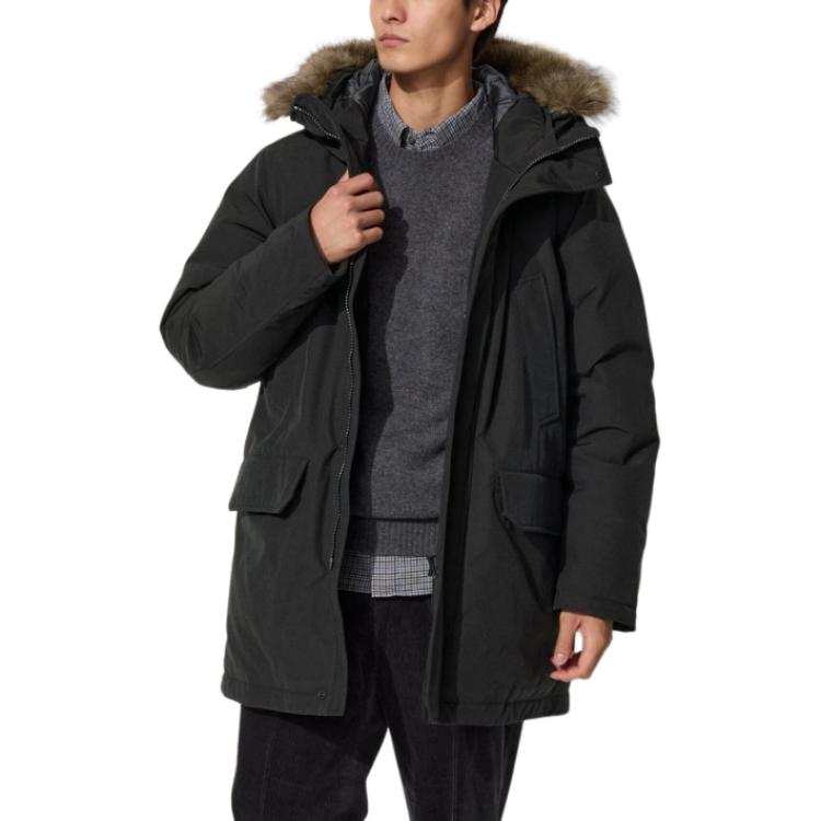 UNIQLO Down Jackets Men's Black Hooded Moderate Parka Down Jacket