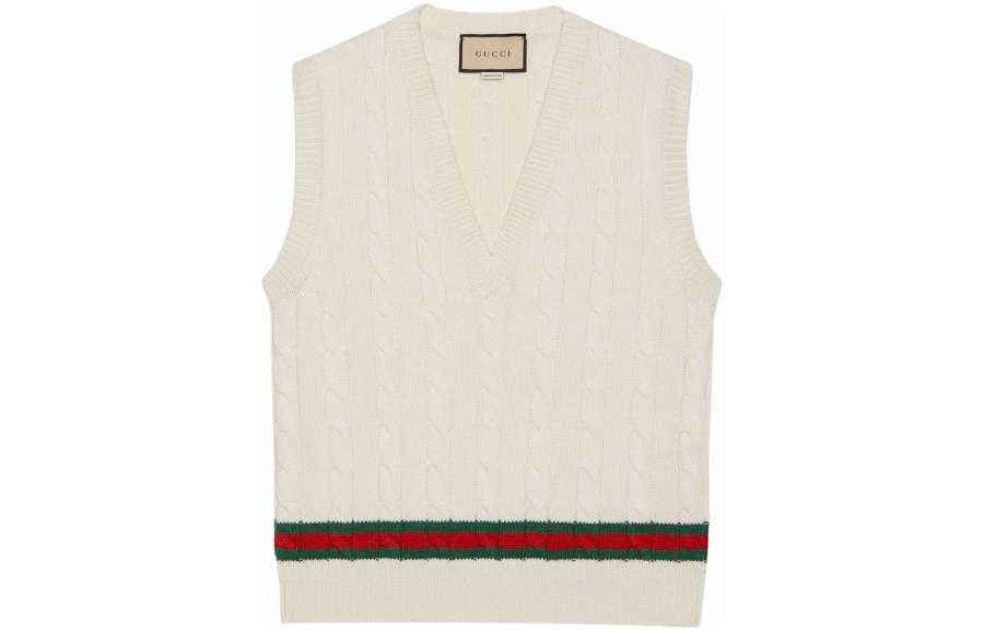 GUCCI Vests Men's Ecru V Neck Moderate Knitted Fabric
