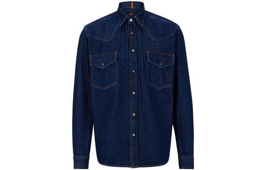HUGO BOSS Denim Jackets Men's Blue Lapel Moderate Straight Fit