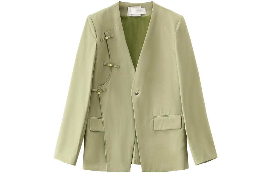 Feng Chen Wang Business Suits Unisex Green V Neck Moderate Straight Fit