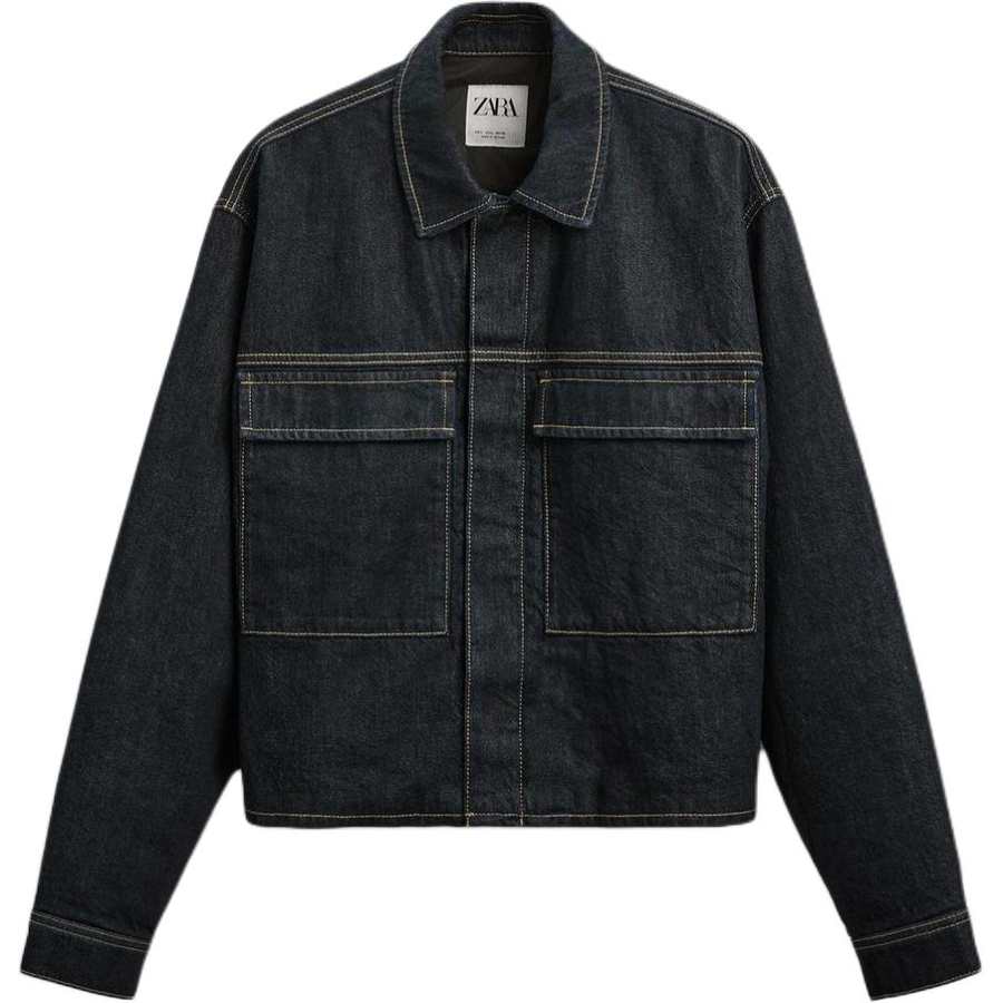 ZARA Denim Jackets Men's Blue Lapel Moderate Straight Fit