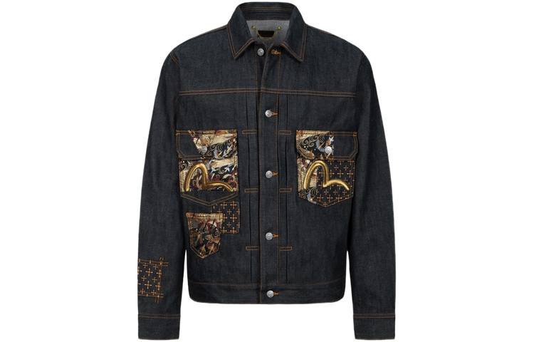 EVISU Denim Jackets Men's Denim Blue Lapel Moderate Nipped In Waist
