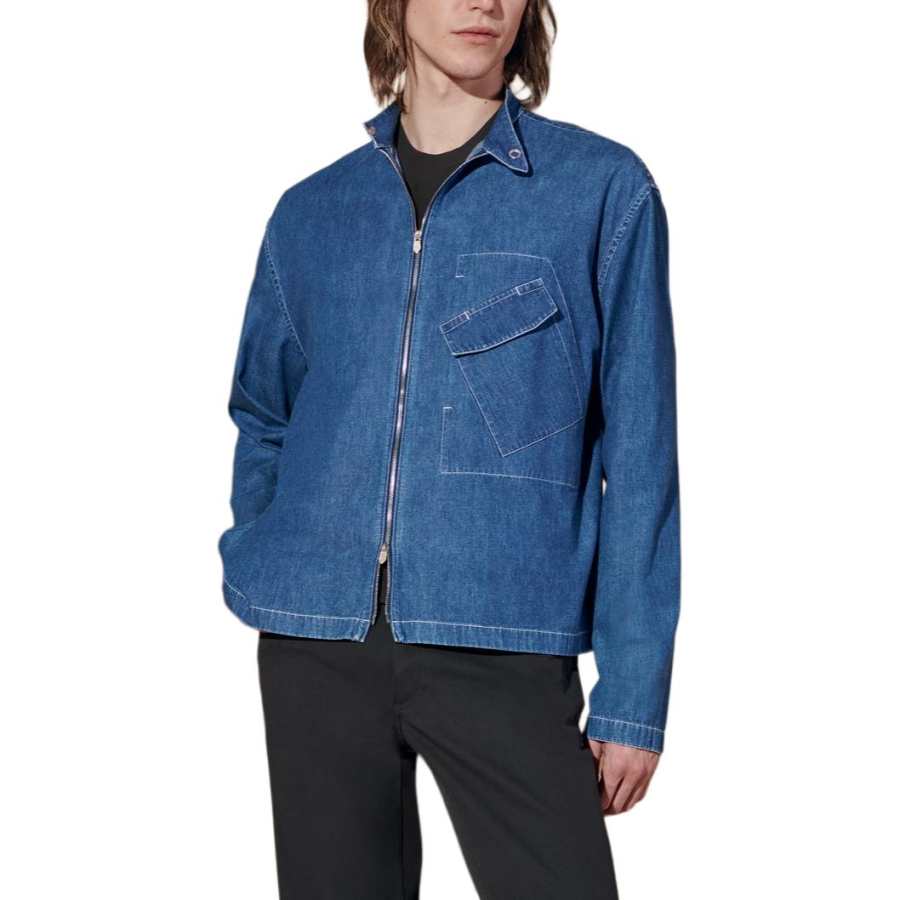 HERMES Denim Jackets Men's Blue Stand Collar Moderate Straight Fit