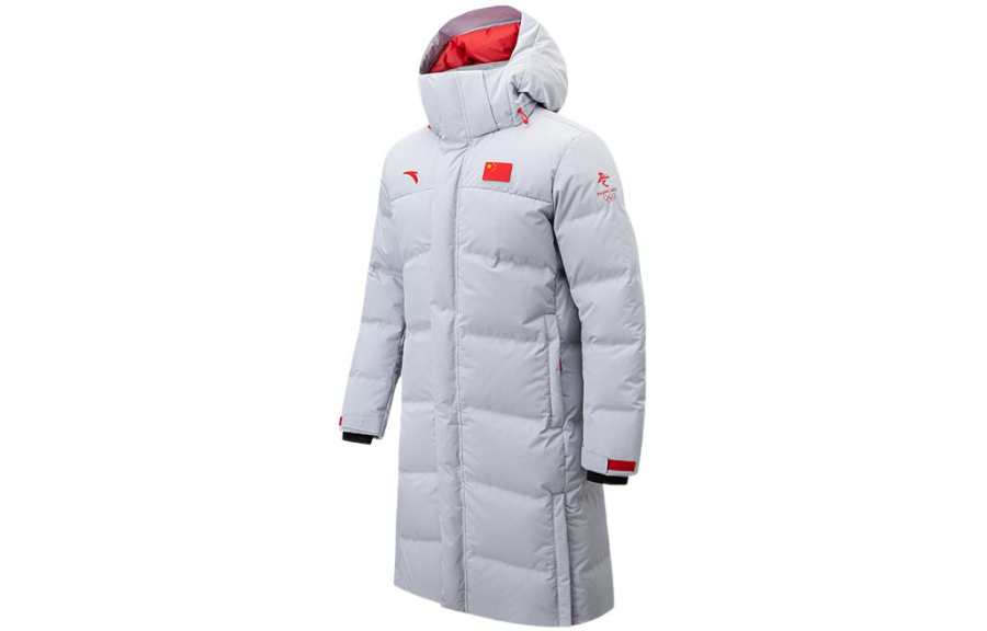Anta Excellence Collection, Thermal Logo Print Long Fleece Lined Hooded Down Jacket Winter Men's Gray Silver