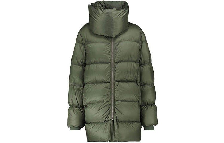 RICK OWENS RICK OWENS/RO Solid Color Stand Collar Loose Fit Mid Length Down Jacket Men's Army Green