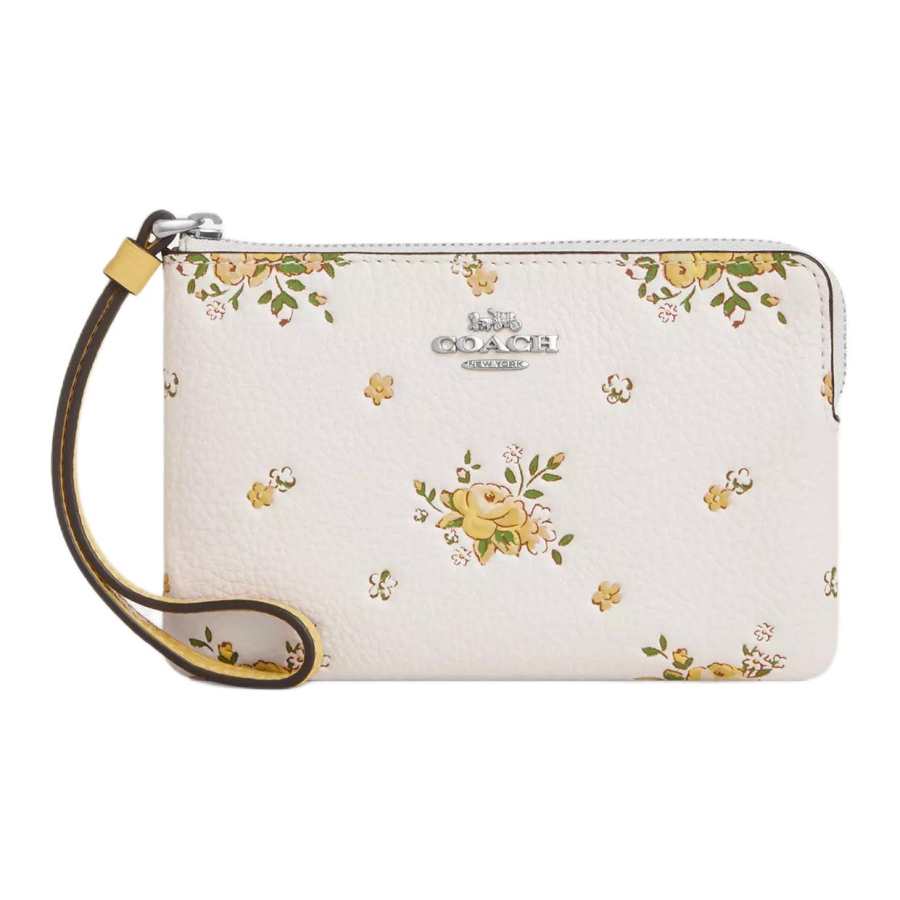 COACH Corner Zip Pebbled Leather Clutch Small Women's Silver & Chalk
