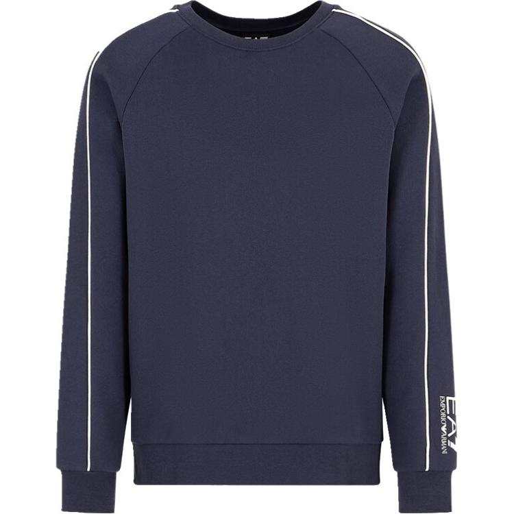 EMPORIO ARMANI EA7 FW24 Solid Color Crew Neck Pullover Fleece Lined Long Sleeved Sweatshirt Men's Dark Blue