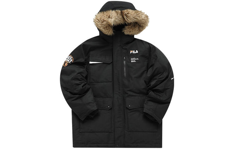 FILA FUSION Down Jackets Men's Pitch Black Hooded Thickened Parka Down Jacket