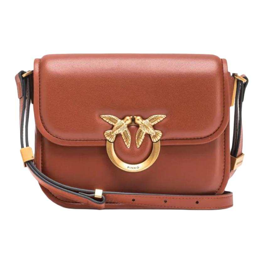 PINKO Love Birds Calfskin Crossbody Bag, Shoulder Bag Mini Unisex Umber